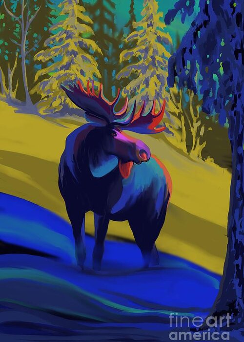 Moose Art Greeting Card featuring the painting Winter blue moose by Sassan Filsoof