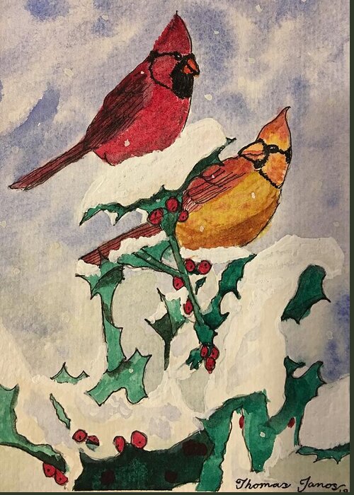 Watercolor Greeting Card featuring the painting Winter Cardinals by Thomas Janos