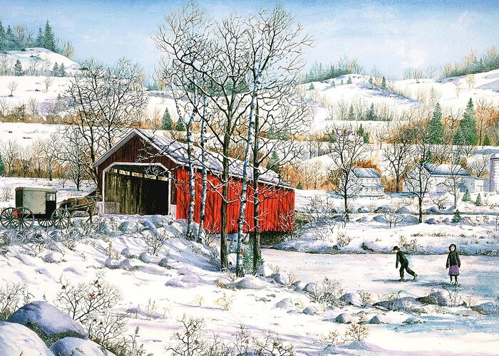 Covered Bridge Greeting Card featuring the painting Winter Crossing by Diane Phalen