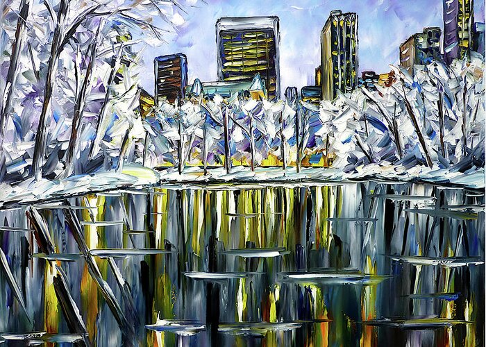 New York In Winter Greeting Card featuring the painting Winter In Central Park by Mirek Kuzniar
