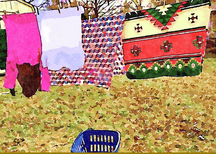 Laundry Day Greeting Card featuring the digital art Winter Laundry Day Watercolor Painting by Shelli Fitzpatrick