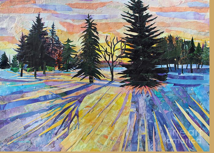 Torn Cut Paper Collage Collages Assemblage Landscape Landscapes Snow Snowy Winter Light Tree Trees Pine Trees Linewton Repurpose Recycle Greeting Card featuring the mixed media Winter Light by Li Newton