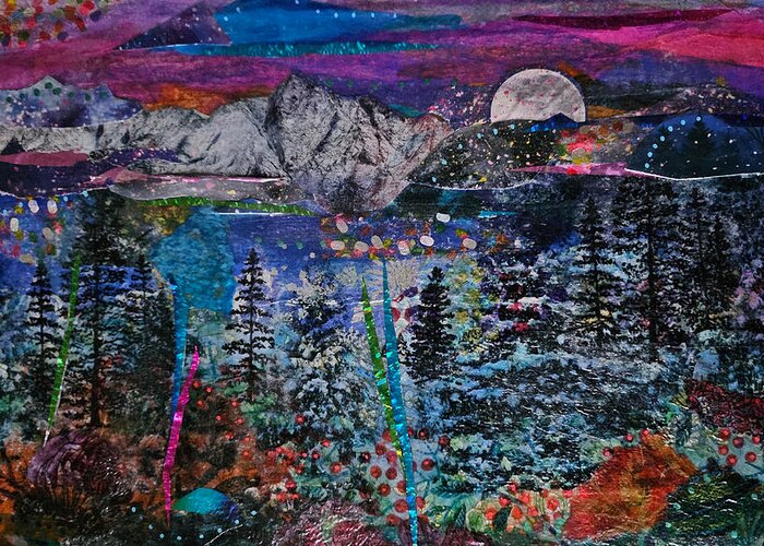 Landscape Greeting Card featuring the mixed media Winter Moonbeam by Deborah Cherrin