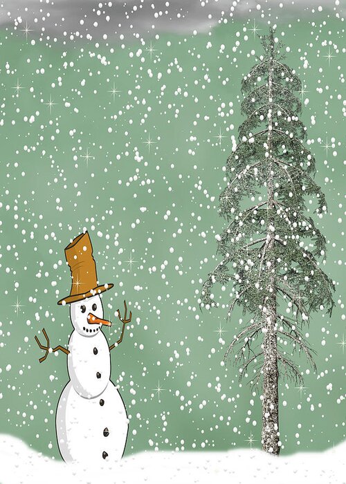 Snowman Greeting Card featuring the mixed media Winter Scene With Snowman 5 by David Dehner