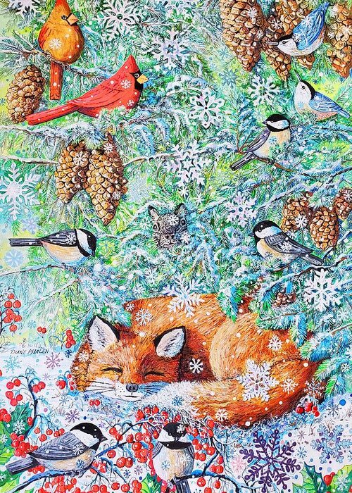 Fox Greeting Card featuring the painting Winter Sleeping Fox by Diane Phalen