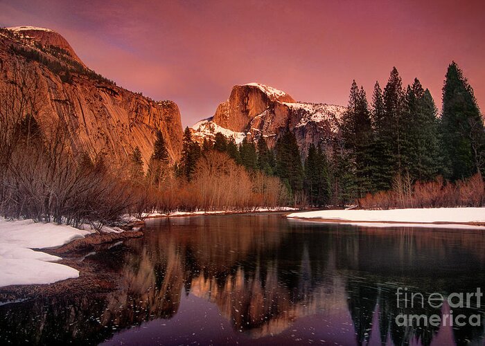 North America Greeting Card featuring the photograph Winter Sunset Lights Up Half Dome Yosemite National Park by Dave Welling