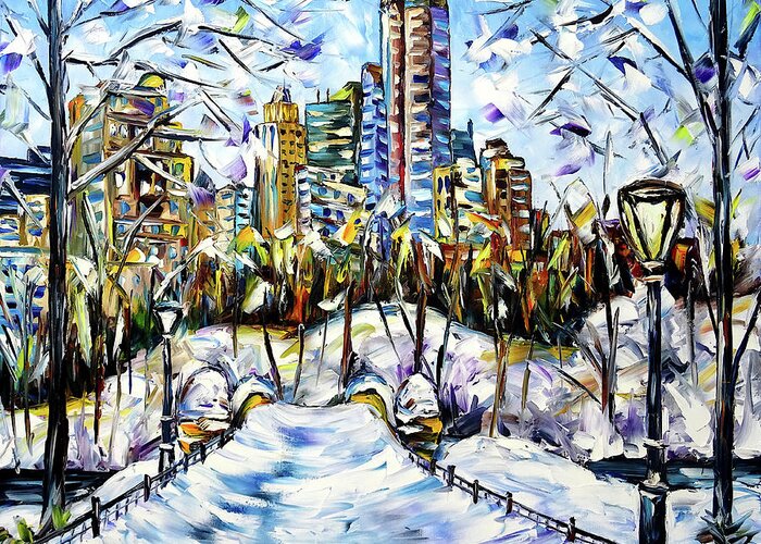 New York In Winter Greeting Card featuring the painting Winter Time In New York by Mirek Kuzniar