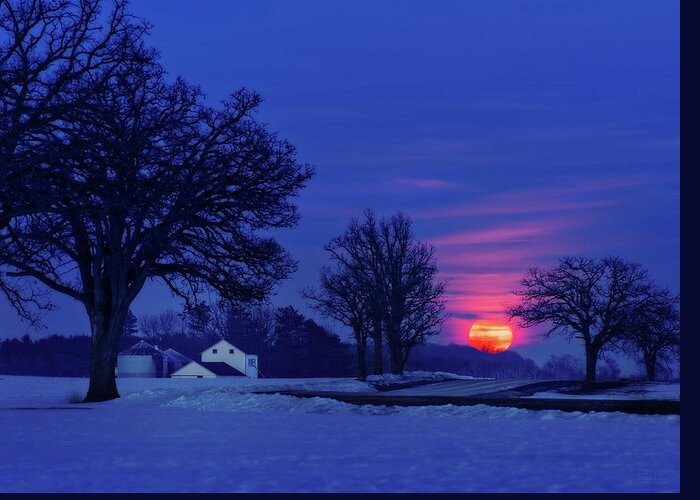 Moonrise Greeting Card featuring the photograph Wisconsin Snow Moon - Winter moonrise over farm by Peter Herman