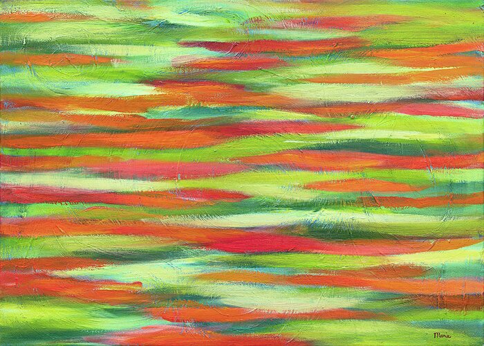 Abstract Greeting Card featuring the painting Wish it was Spring - Green and Orange Waves by Maria Meester