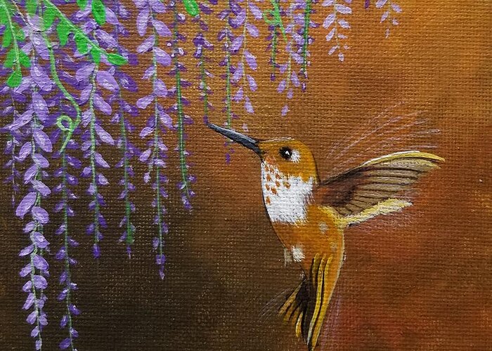 Humming Birds Greeting Card featuring the painting Wisteria Humming by Jimmy Chuck Smith