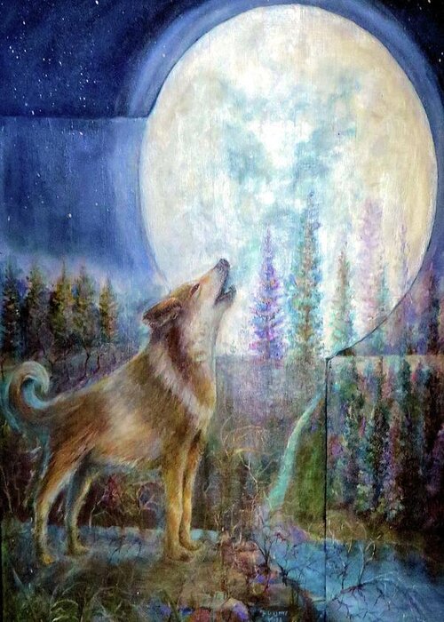 Wolf Greeting Card featuring the painting Wolf Howling and Full Moon by Bernadette Krupa