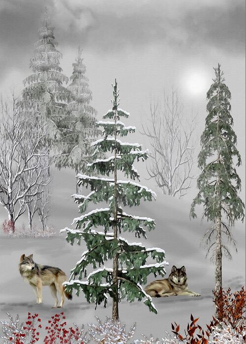 Wolf Greeting Card featuring the mixed media Wolves In The Winter Forest Color by David Dehner