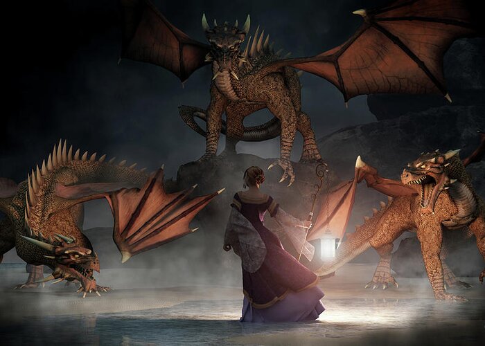 The Light Of Truth Greeting Card featuring the digital art Woman with a Lantern Facing Dragons by Daniel Eskridge