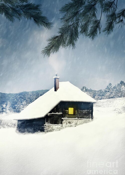 Lodge Greeting Card featuring the photograph Wooden house covered with snow in winter mountain landscape. by Jelena Jovanovic