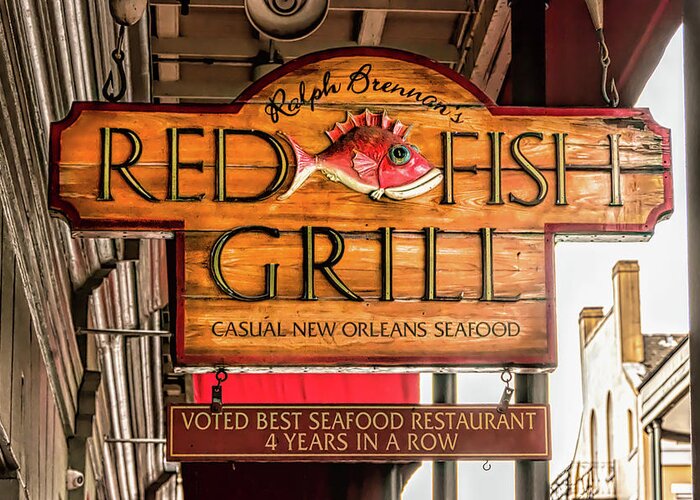 Wooden Red Fish Grill Sign New Orleans Greeting Card featuring the photograph Wooden Red Fish Grill Sign New Orleans by Debra Martz