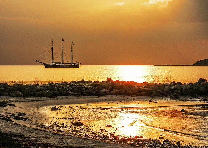 Wooden Greeting Card featuring the photograph Wooden Ship at Sunset by Kim Lessel