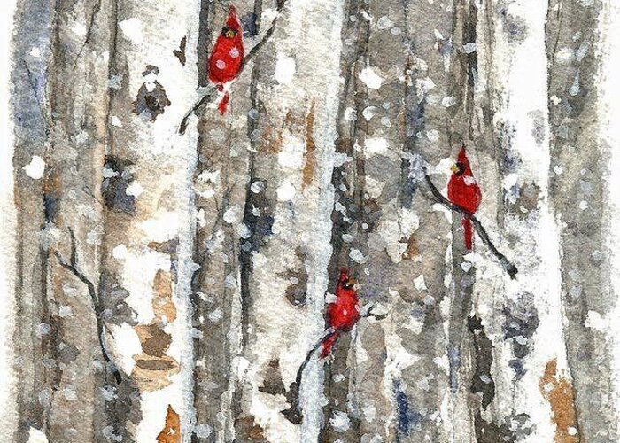 Cardinals Greeting Card featuring the painting Woodland Cardilals by Marlene Schwartz Massey