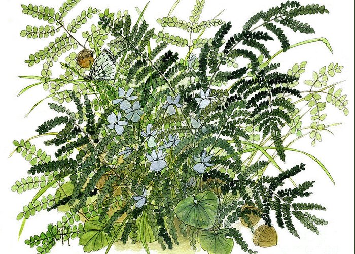 Art Greeting Card featuring the painting Woodland Ferns with Butterfly and Violets by Laurie Rohner