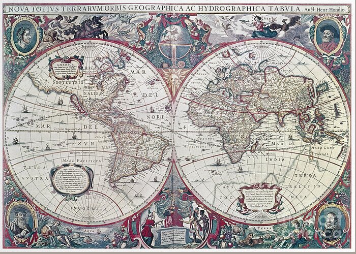 1641 Greeting Card featuring the drawing World Map, 1641 by Henricus Hondius