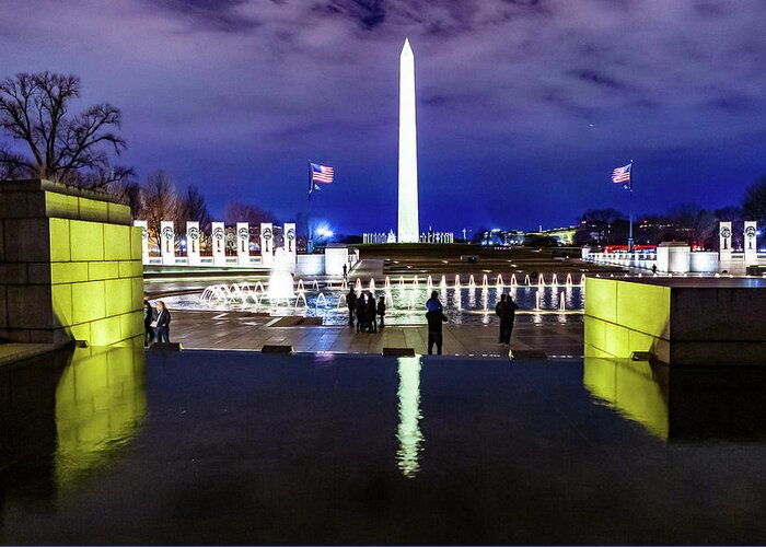 World War Ii Memorial Greeting Card featuring the digital art World War II Memorial with the Washington Monument in the background by SnapHappy Photos