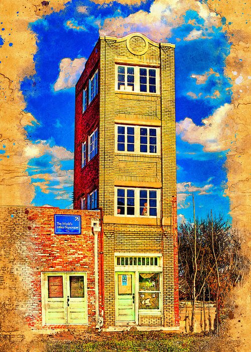 World's Littlest Skyscraper Greeting Card featuring the digital art World's littlest skyscraper, The Newby-McMahon Building, in Wichita Falls - digital painting by Nicko Prints