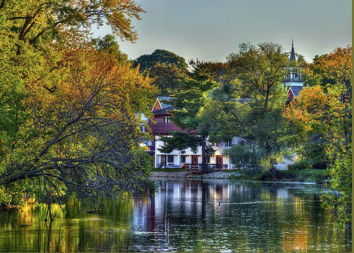 Yahara River Stoughton Wi Downtown Church Sunset Golden Autumn Fall Tranquil Greeting Card featuring the photograph Yahara River in Stoughton WI by Peter Herman