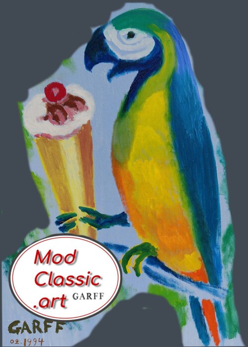 Parrot Greeting Card featuring the painting Yellow Ara with Ice Cream ModClassic Art by Enrico Garff