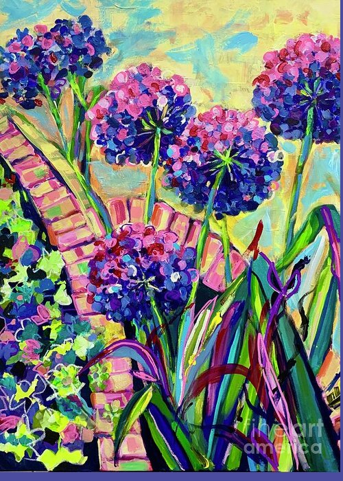 Purple Pink Floral Bricks Abstract Garden Greeting Card featuring the painting Yellow Brick Road by Patsy Walton