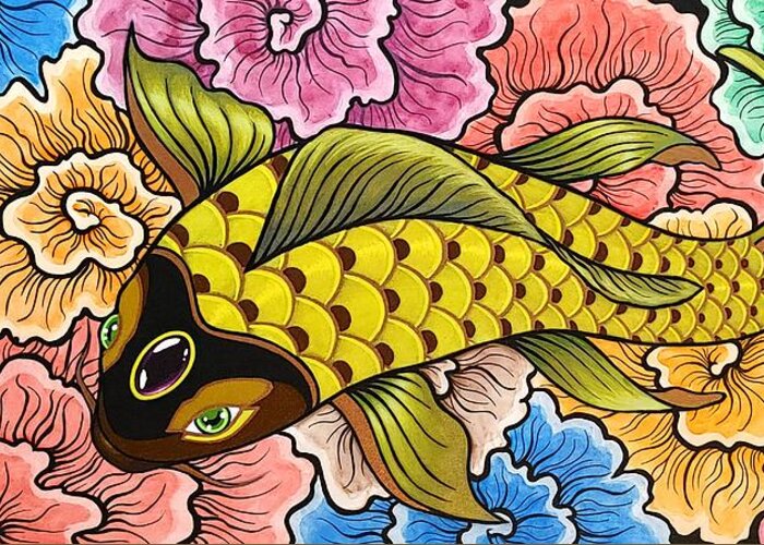 Koi Fish Greeting Card featuring the painting Yellow Koi Fish with Thought Flowers by Bryon Stewart