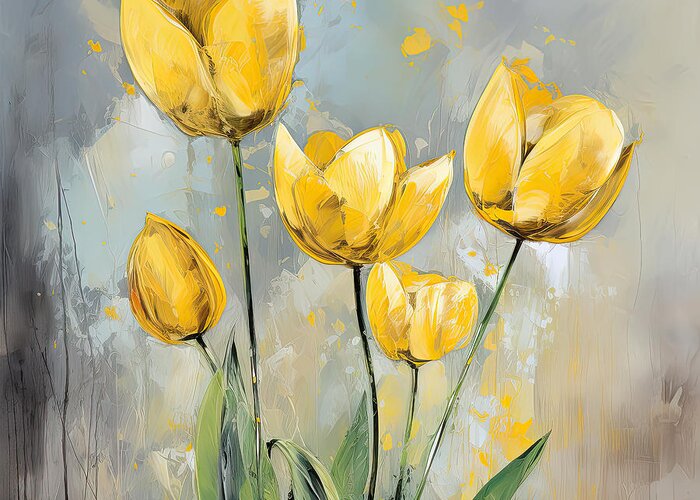 Yellow And Gray Greeting Card featuring the digital art Yellow Poppies Galore - Yellow and Gray Floral Art by Lourry Legarde