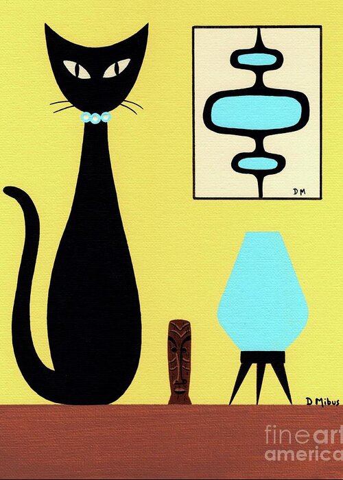 Mid Century Modern Black Cat Greeting Card featuring the painting Yellow Tabletop Cat Beehive Lamp by Donna Mibus