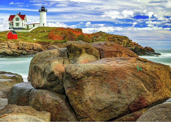 America Greeting Card featuring the photograph York Maine Lighthouse on Cape Neddick - Nubble Light by Gregory Ballos