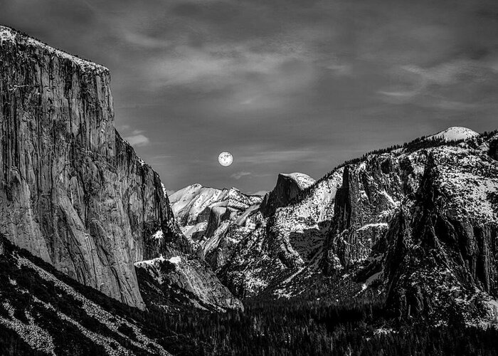 Landscape Greeting Card featuring the photograph Yosemite Winter Moon by Romeo Victor