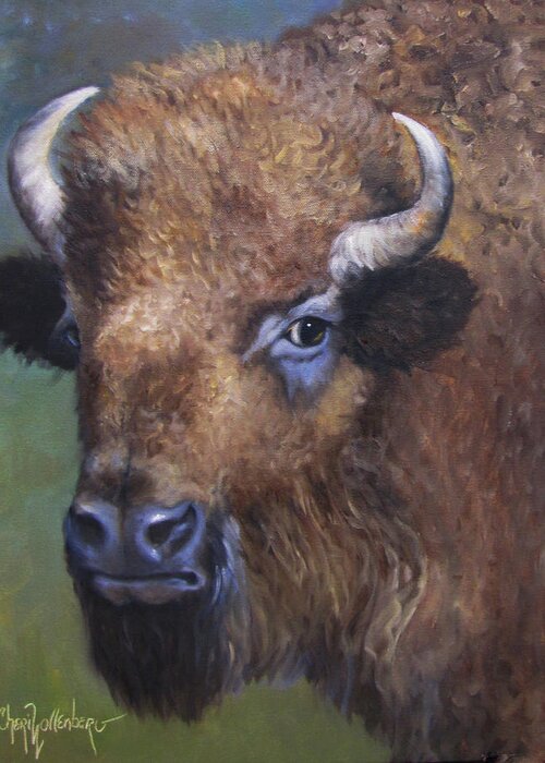 Bison Greeting Card featuring the painting Young Bison From Stratford Oklahoma an Original Artwork by Cheri Wollenberg by Cheri Wollenberg