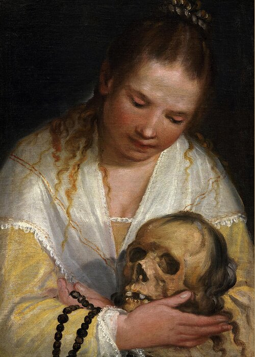 Alessandro Casolano Greeting Card featuring the painting Young Woman Contemplating a Skull by Alessandro Casolano