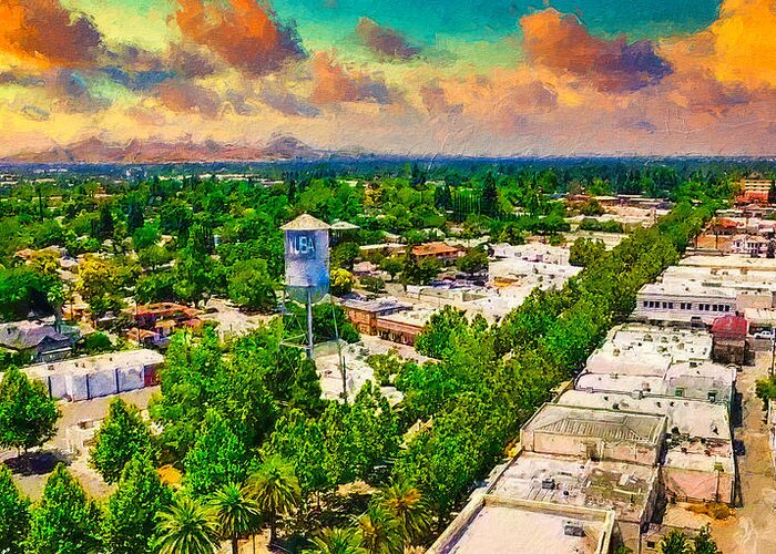 Yuba City Greeting Card featuring the digital art Yuba City and the water tower, California - digital painting by Nicko Prints