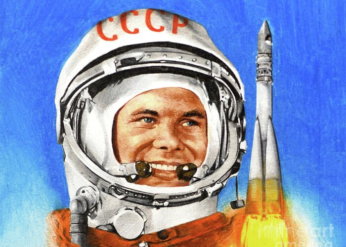 Paul And Chris Calle Greeting Card featuring the painting Yuri Gagarin - Vostok I - 12 April 1961 by Paul and Chris Calle
