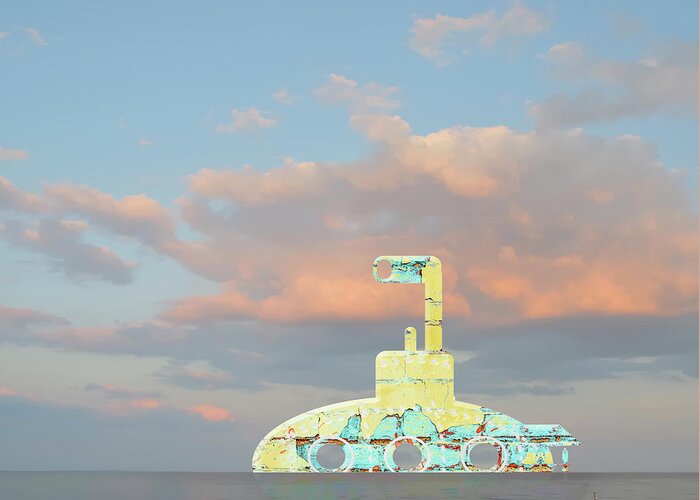 Yellow Greeting Card featuring the digital art Zany Yellow Submarine at Sunset by Marianne Campolongo