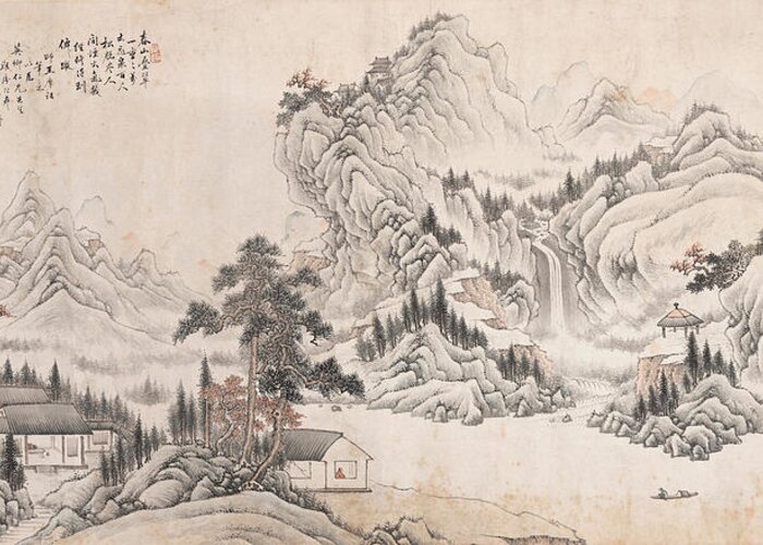 Zhang Xiong (1803-1886) Landscape Greeting Card featuring the painting ZHANG XIONG Landscape by Artistic Rifki