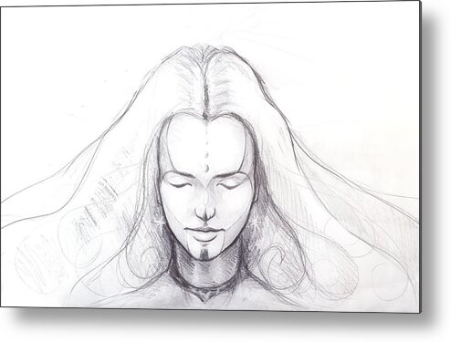 Pencil Drawing Of Beautiful Meditation Girl And Tattoo On Face And Star Earring Metal Print