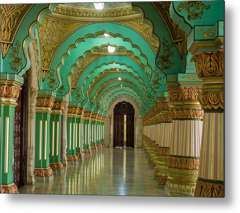 Colorful Ornate Interior Halls Of Royal Mysore Palace Karnataka India Metal Print