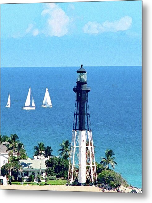 Lighthouse Metal Print featuring the photograph Hillsboro Lighthouse with Sailboats in Florida by Corinne Carroll