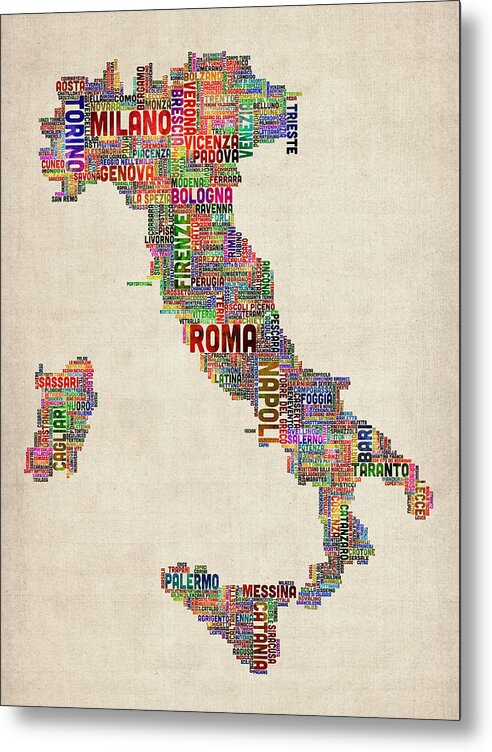 italy Map Metal Print featuring the digital art Text Map of Italy Map by Michael Tompsett