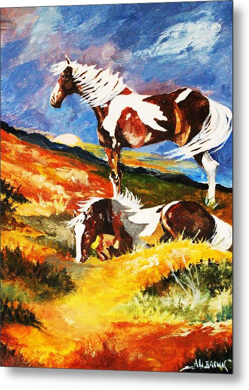 Horeses Metal Print featuring the painting Ponies at Sunset by Al Brown