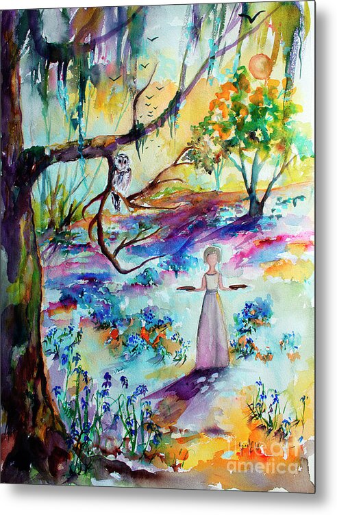 Bluebells Metal Print featuring the painting Bluebells Forest and Savannah Bird Girl Watercolor by Ginette Callaway