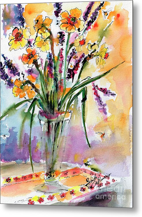 Flowers Metal Print featuring the painting Daffodils and Lavender Spring Still Life by Ginette Callaway