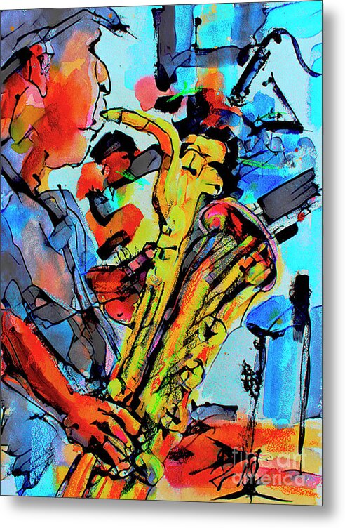 Music Art Metal Print featuring the mixed media Baritone Sax Player Modern Music Art by Ginette Callaway