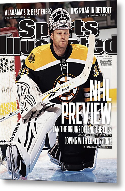 Magazine Cover Metal Print featuring the photograph Boston Bruins Goalie Tim Thomas, 2011-12 Nhl Hockey Season Sports Illustrated Cover by Sports Illustrated