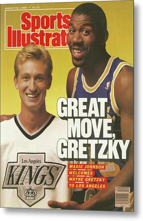 Magazine Cover Metal Print featuring the photograph Great Move, Gretzky Magic Johnson Welcomes Wayne Gretzky To Sports Illustrated Cover by Sports Illustrated