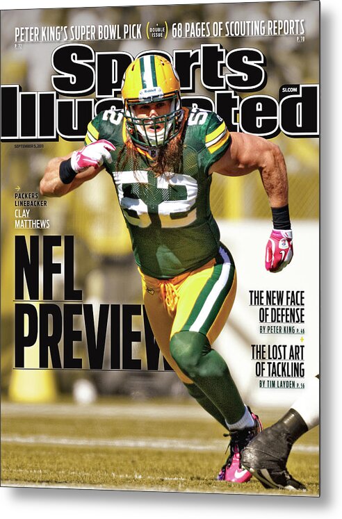 Green Bay Metal Print featuring the photograph Green Bay Packers Clay Matthews, 2011 Nfl Football Preview Sports Illustrated Cover by Sports Illustrated